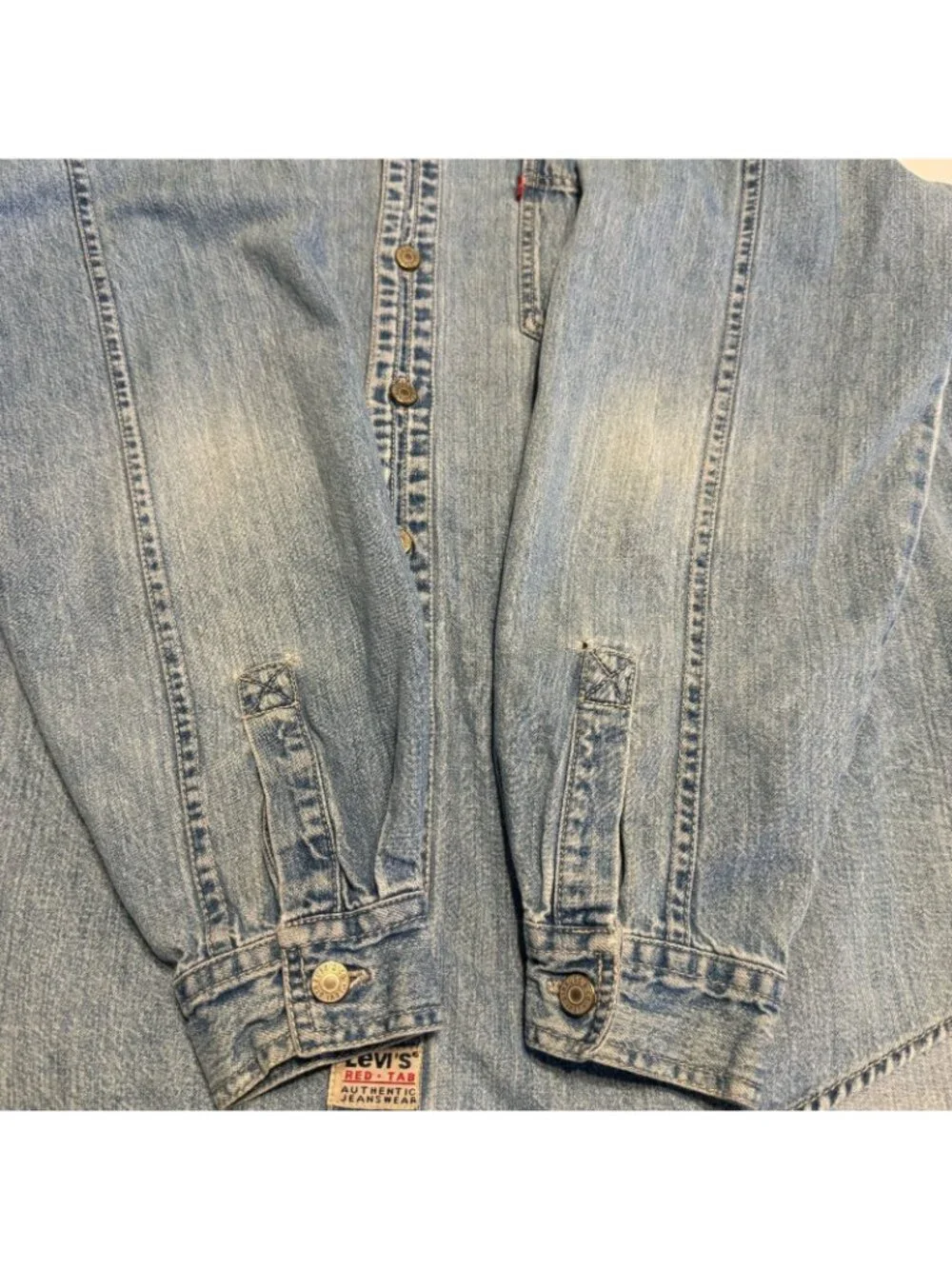 Vintage 90s Levis Denim Shirt Medium M Light Wash Red Tab Long Sleeve Button Up